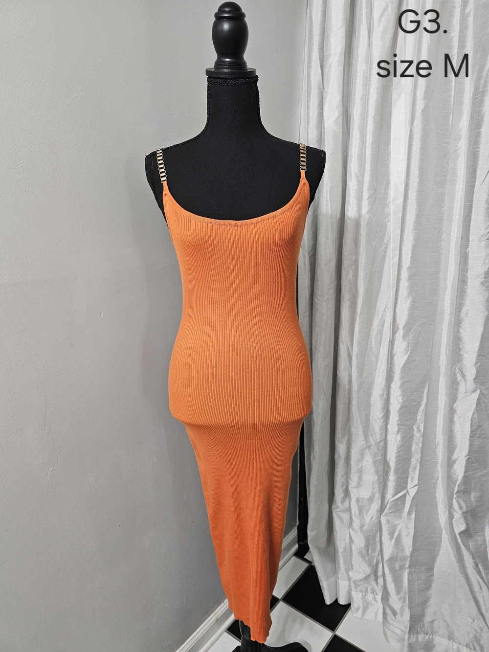 Orange Ribbed Chain-Strap Bodycon Dress
